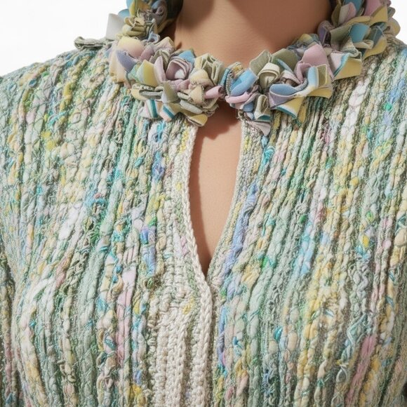 Cici Bianca Cardigan Sweater Ruffled Neckline Art to Wear Handwoven Small/Medium - Picture 8 of 11